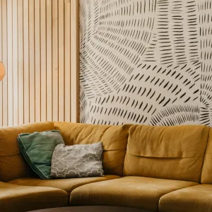 Vignette Salon papier peint panoramique / bardage mural en bois