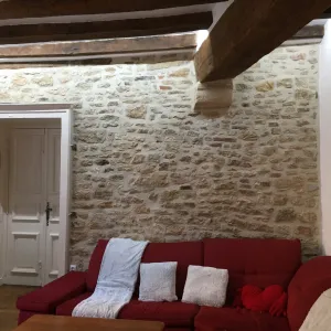 Vignette Espace salon en armonie avec la cuisine. Mur en pierre remis à nu et ajout d'un éclairage indirect par led.