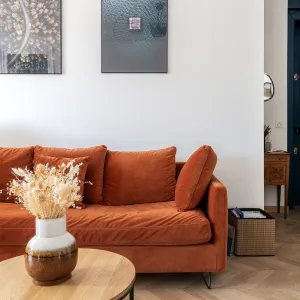 Vignette Salon avec canapé velours rouille et tapis berbère